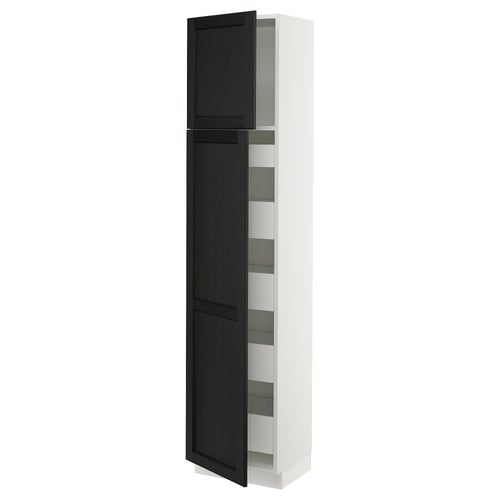SEKTION tall kitchen cabinet, black stained ash doors, white frame, sleek design, soft-closing hinges.
