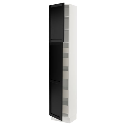 White SEKTION cabinet with black-stained doors, bevelled edges, tall, two open compartments.