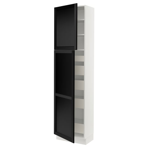 The SEKTION kitchen cabinet with a black stained wooden door and white body, featuring shelves inside.