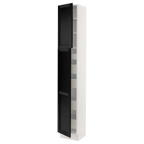 This image shows a tall, white SEKTION kitchen cabinet with black stained lerhyttan doors featuring bevelled edges, offering a traditional look.