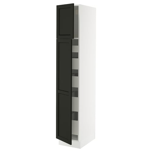 Modern kitchen cabinet, white with black doors, bevelled edges, adjustable shelves, soft-closing hinges.