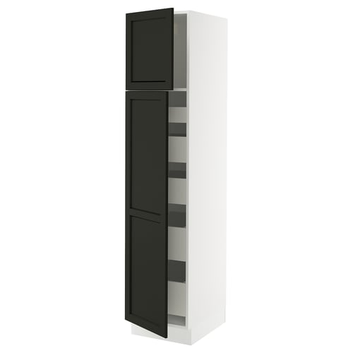 Black & white tall cabinet, wooden, multiple shelves, open door.