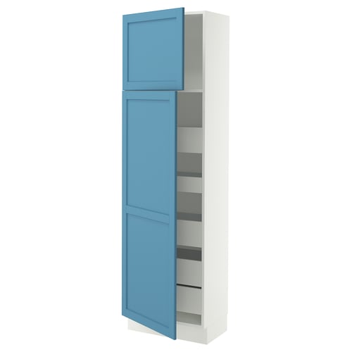 SEKTION kitchen cabinet; tall, blue door; bevelled edges; white frame; multiple shelves.