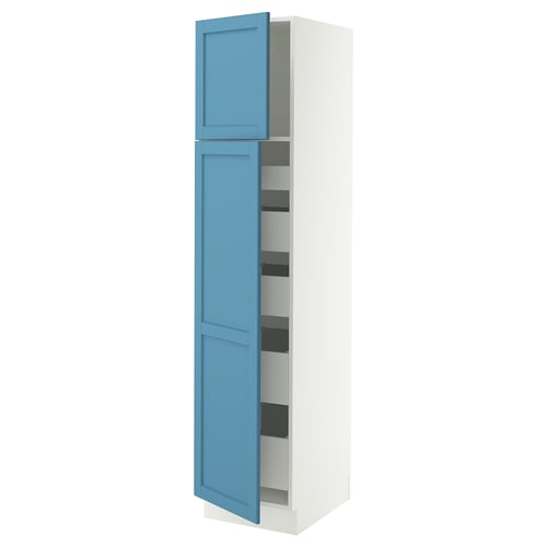 A tall, blue-white SEKTION kitchen cabinet with adjustable shelves and a panel door.