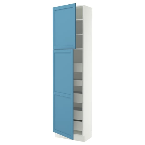 A tall white cabinet with blue doors and shelves. The cabinet has a modern design with a streamlined shape and bevelled edges.