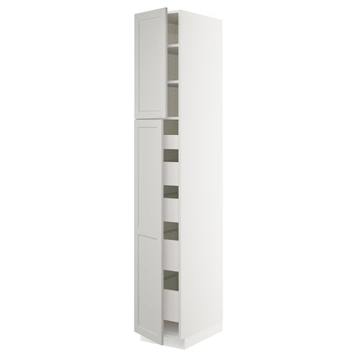 SEKTION kitchen cabinet in light grey with bevelled edges, open doors showing adjustable shelves.