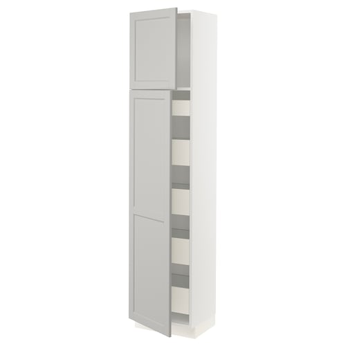 White SEKTION kitchen cabinet with two open doors revealing shelves.