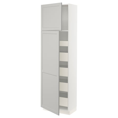 White SEKTION kitchen cabinet with grey lerhyttan doors, bevelled edges, and adjustable shelves.