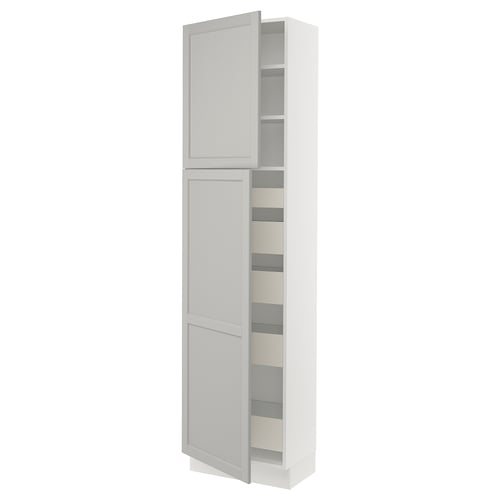 White SEKTION kitchen cabinet with bevelled edges, shelves, and door. Tall, rectangular, modern design in fiberboard and birch veneer.