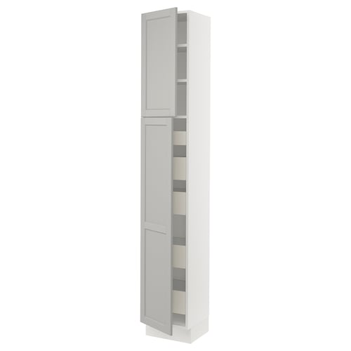 White SEKTION kitchen cabinet with lerhyttan light grey doors and bevelled edges.