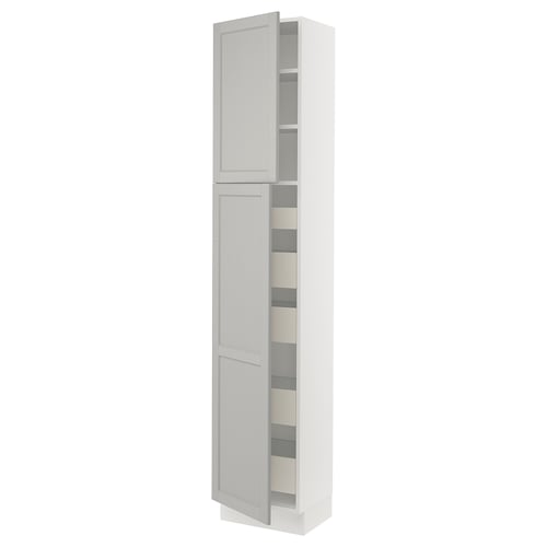 SEKTION white kitchen cabinet, light grey fronts, bevelled edges, open door revealing shelves.