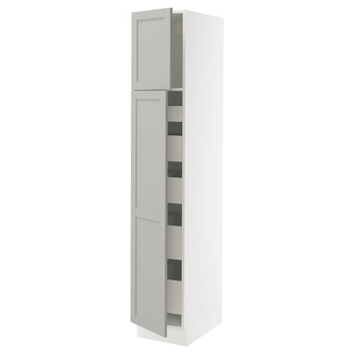 White SEKTION kitchen cabinet with adjustable shelves, single door, grey finish, soft-close.