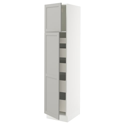 White SEKTION kitchen cabinet with open door showing shelves.
