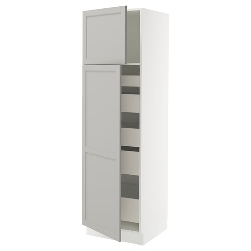 A tall white SEKTION kitchen cabinet with a grey lerhyttan door, featuring an open door revealing adjustable shelves inside.