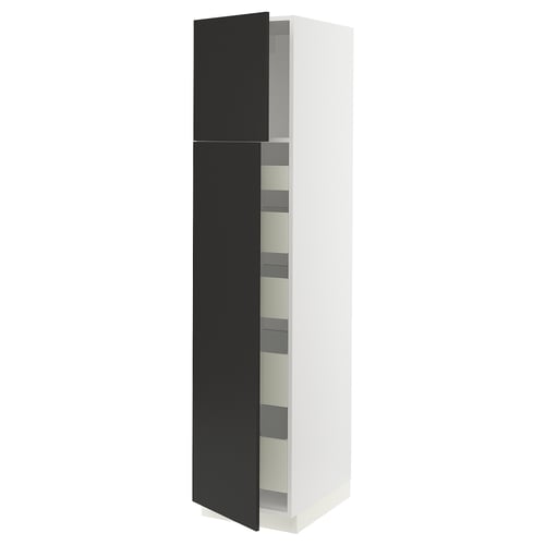 Image depicts a modern, tall black and white cabinet from IKEAs SEKTION kitchen system with adjustable shelves.