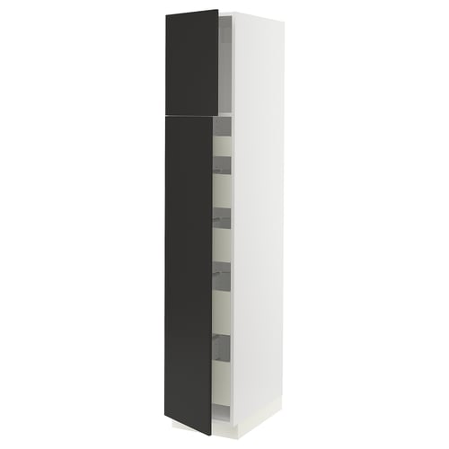 A white SEKTION tall kitchen cabinet with a black matt door. It adjustable shelves and a sleek, modern design.