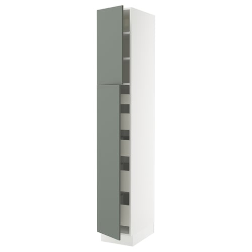 A tall, narrow cabinet named SEKTION with gray-green matt fronts. It multiple shelves and a modern design.