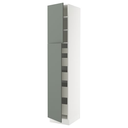 A modern, tall SEKTION kitchen cabinet in grey-green with multiple adjustable shelves. It a sleek, minimalist design with a smooth finish.
