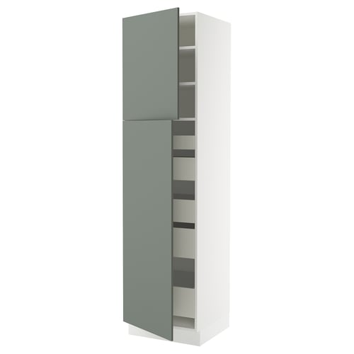 Modern kitchen cabinet, white-green. Tall, slim, and narrow with adjustable shelves. Soft-close door.