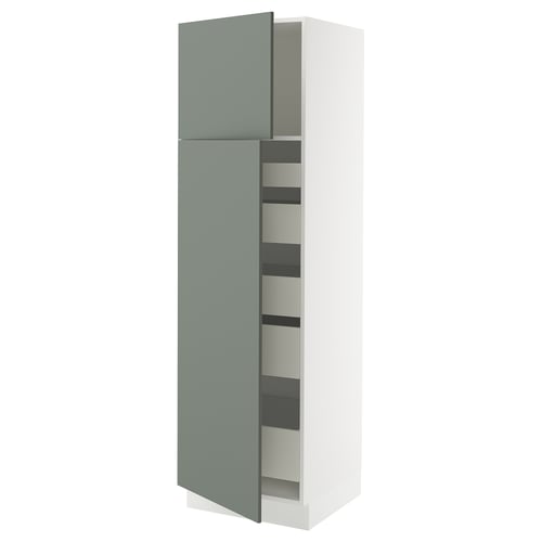 An open grey-green kitchen cabinet from the SEKTION series with adjustable shelves.