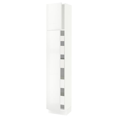 White SEKTION kitchen cabinet with modern, glossy design and multiple compartments.