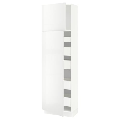 White glossy kitchen cabinet with mirrored shelves.