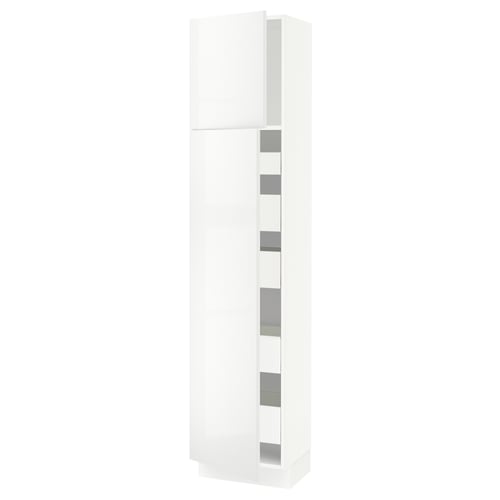 White tall kitchen cabinet with sleek, modern design, multiple shelves, and smooth surfaces.