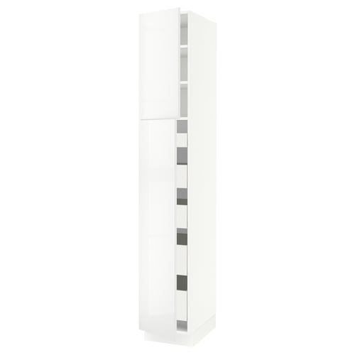 White high-gloss cabinet, tall with multiple shelves, sleek modern design.