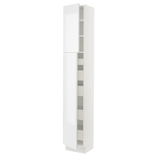 A modern white cabinet from the SEKTION series, featuring sleek, high-gloss doors and responsive hinges.