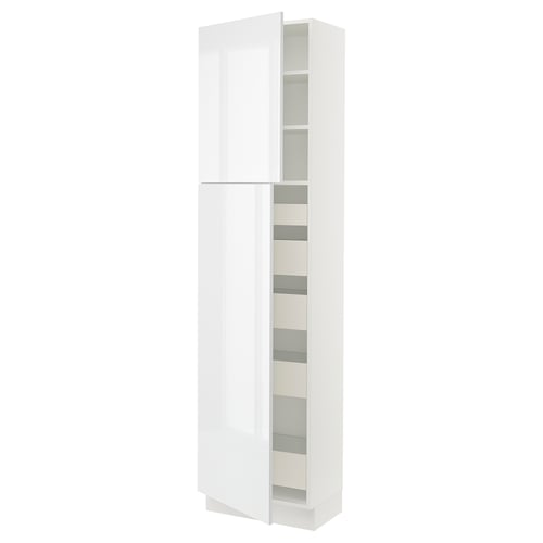 SEKTION kitchen cabinet, white, glossy finish, tall, rectangular, with multiple shelves and drawers.
