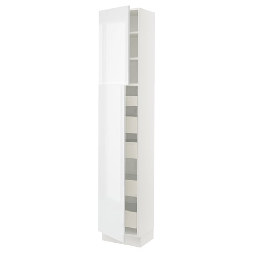 SEKTION: white high cabinet, modern design, high gloss finish, multiple shelves, durable.