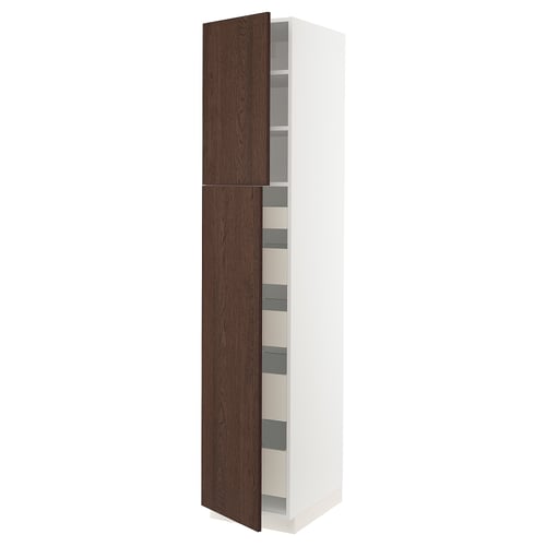 White SEKTION kitchen cabinet with brown doors & shelves.