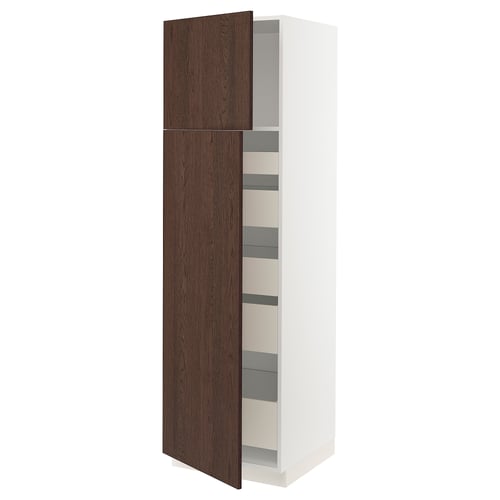 An open white and dark brown tall cabinet with adjustable shelves. It has a modern design with wooden accents and multiple compartments.