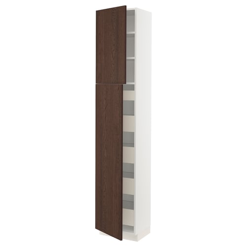 Modern tall white cabinet with dark brown wooden door featuring clean lines and minimalist handleless design.