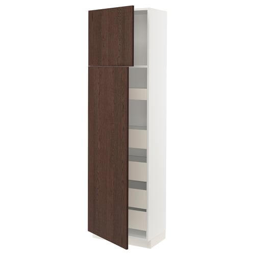 SEKTION kitchen cabinet, tall, narrow, 2 dark wood doors, shelves.