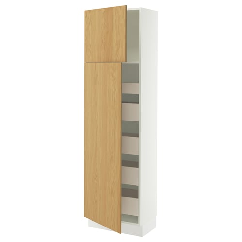 SEKTION tall white cabinet, light wood doors, soft-close hinges.