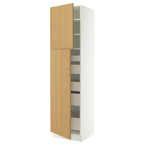 A SEKTION tall storage cabinet with two light wooden doors, adjustable shelves inside, and a sleek white frame.
