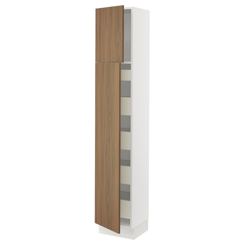 SEKTION tall white cabinet with wooden door, wall-mounted, one open section.