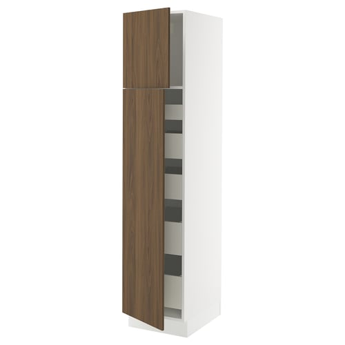 Modern kitchen cabinet in white and walnut, tall with shelves, wood grain doors.