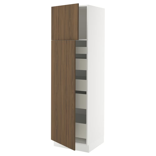 SEKTION kitchen unit in white & walnut wood. Tall cabinet with two adjustable shelves, open door.