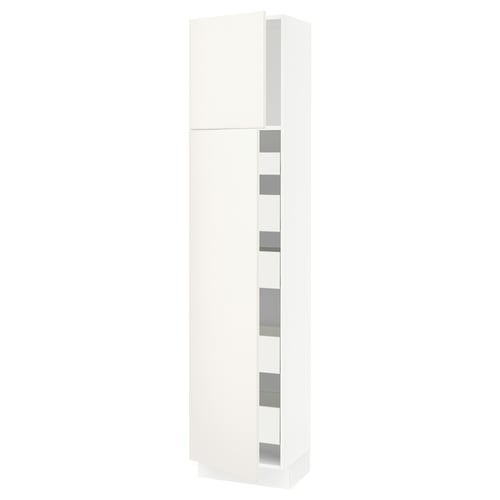 A white SEKTION tall kitchen cabinet with integrated shelves and smooth lines, standing upright.