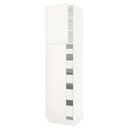 White ikea SEKTION kitchen cabinet with modern design, upper door & shelves, lower drawers.