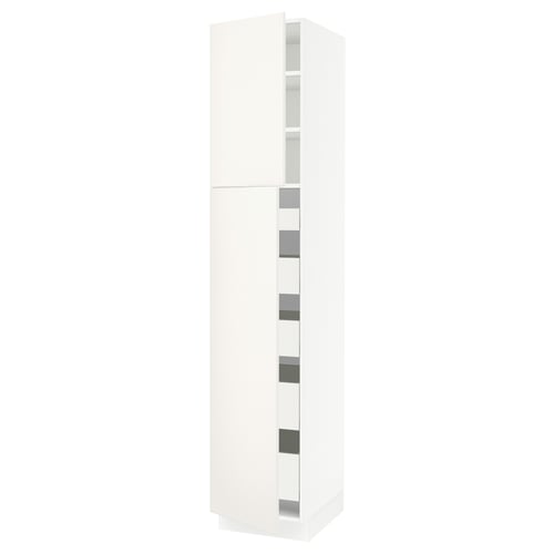 Depicts a white, tall kitchen cabinet from the SEKTION system with multiple shelves, sleek and modern design.