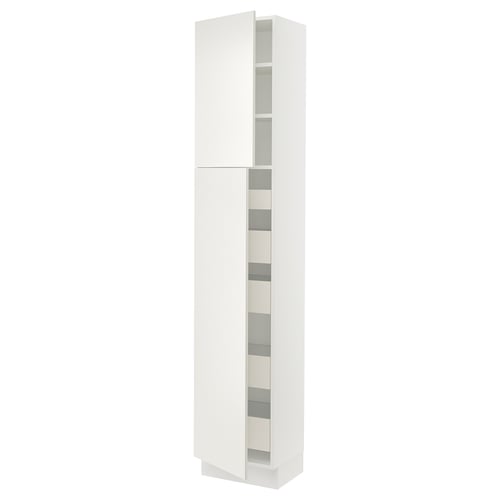 This image shows a tall, white SEKTION kitchen cabinet with multiple shelves, and smooth, clean lines.