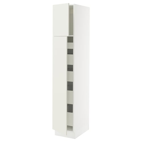 A tall white cabinet from SEKTION with multiple shelves, suitable for kitchen storage. It a modern design with clean lines.