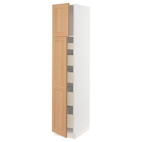 An oak-colored kitchen cabinet with adjustable shelves and a soft-closing hinge.