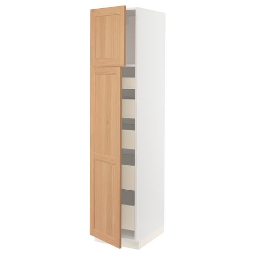 An ikea SEKTION kitchen cabinet with an oak door and white frame. It multiple shelves and a soft-closing hinge.