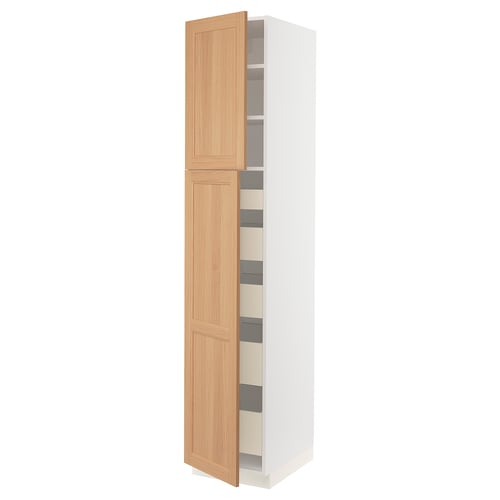 An ikea SEKTION tall kitchen cabinet in white with oak doors. It includes adjustable shelves and soft-close hinges.