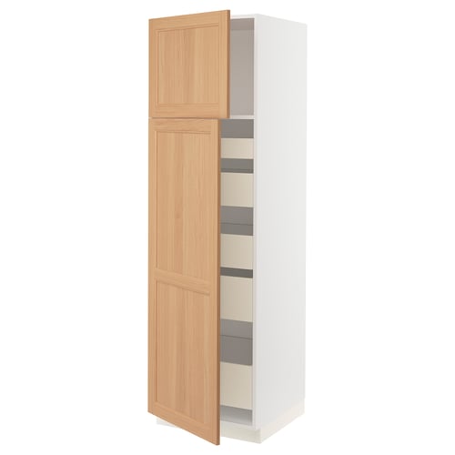A modern kitchen cabinet, named SEKTION, with a white frame and wooden door, featuring adjustable shelves.