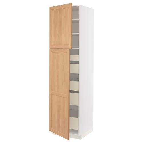 White SEKTION cabinet with oak doors, shelves, soft-close hinges.